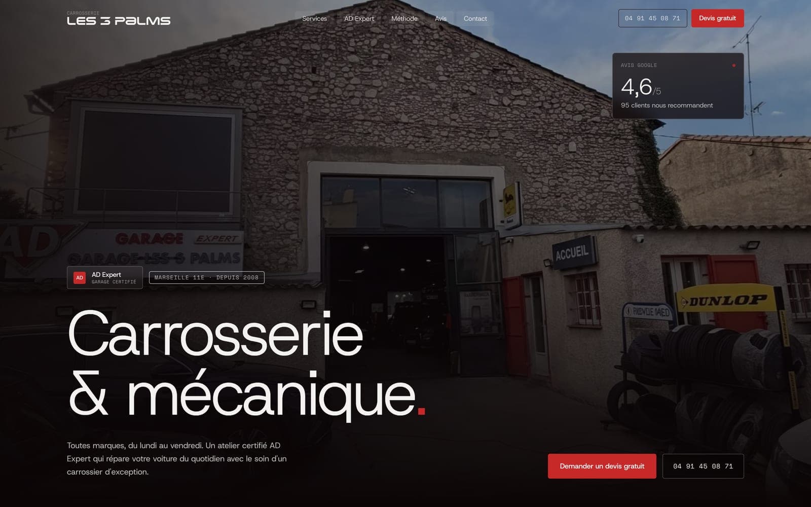 Page d’accueil du site Les 3 Palms